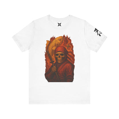i, High-Detail Gothic Warrior TeDark Red Ninja Skull T-Shirt-Japanese Horror Art, Skeleton Ninja with Golden Koe, Unisex Streetwear