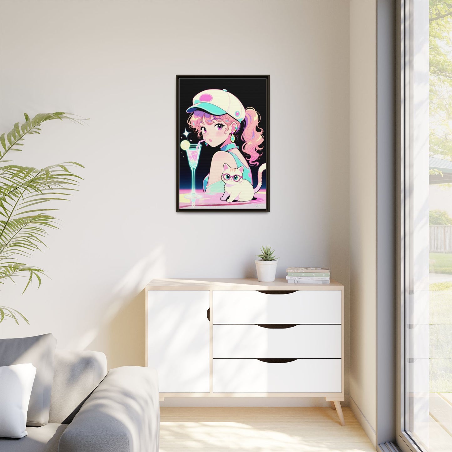 Retro Girl and Cat Canvas Vaporwave Pastel Anime Shoujo Wall Art Neon Cocktail Aesthetic Kawaii Gift for Daughter or Dad