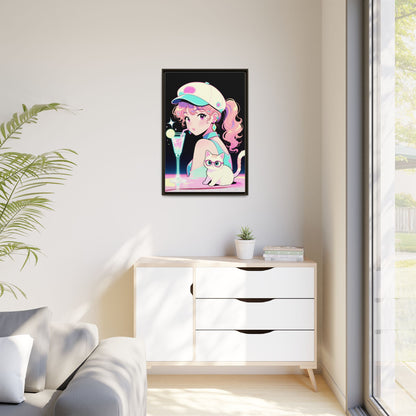 Retro Girl and Cat Canvas Vaporwave Pastel Anime Shoujo Wall Art Neon Cocktail Aesthetic Kawaii Gift for Daughter or Dad