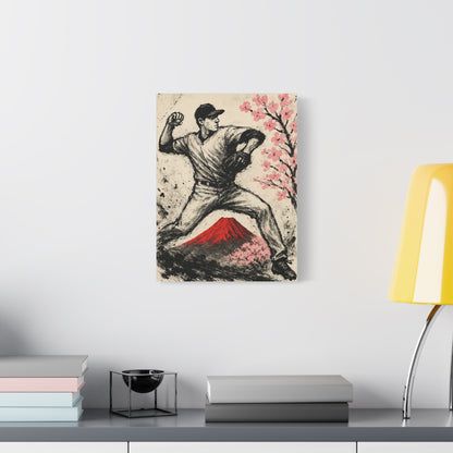 Baseball Pitcher Canvas Sumi Ink Art Fuji Sakura Japanese Print Windup Wall Decor Japan Inspired Sports Art Gift for Dad