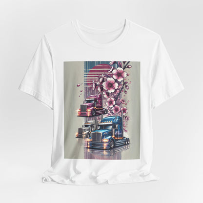 Cherry Blossom Convoy T-Shirt | Japanese Sakura x Modern Truck Art | Unique Graphic Tee for Drivers & Streetwear Lovers No.004