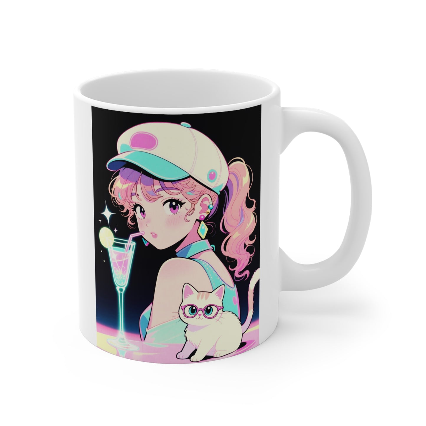 Retro Girl and Cat Mug Vaporwave Pastel Anime Shoujo Coffee Cup Neon Cocktail Aesthetic Kawaii Gift for Daughter or Dad Office Desk