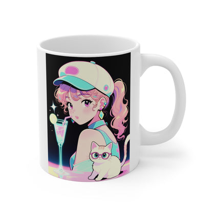 Retro Girl and Cat Mug Vaporwave Pastel Anime Shoujo Coffee Cup Neon Cocktail Aesthetic Kawaii Gift for Daughter or Dad Office Desk