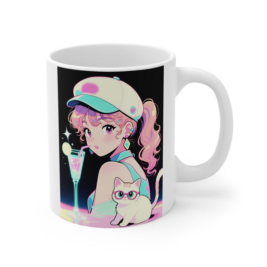 Retro Girl and Cat Mug Vaporwave Pastel Anime Shoujo Coffee Cup Neon Cocktail Aesthetic Kawaii Gift for Daughter or Dad Office Desk
