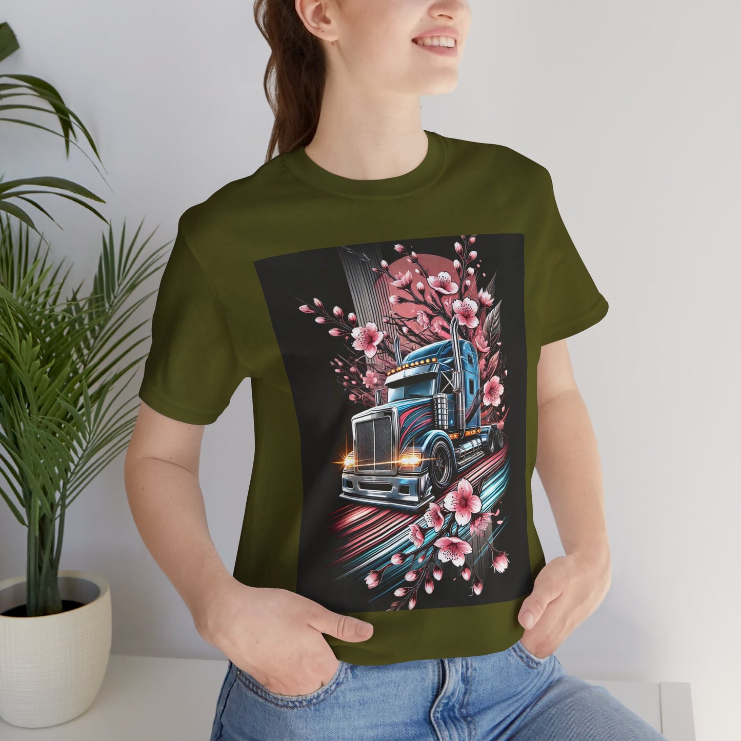 Cherry Blossom Convoy T-Shirt | Japanese Sakura x Modern Truck Art | Unique Graphic Tee for Drivers & Streetwear Lovers No.006