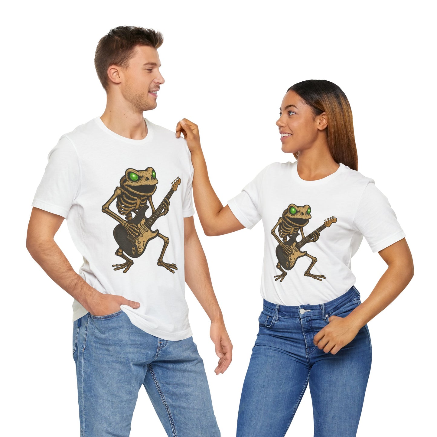 Skeleton Frog Shredding Electric Guitar Tee - Glowing Green Eyes Rock Art Shirt for Musicians Frog Lovers and Gothic Punk Style