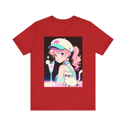 Retro Girl and Cat T Shirt Vaporwave Pastel Anime Shoujo Graphic Tee Neon Cocktail Aesthetic Kawaii Gift for Daughter or Dad Casual Streetwear