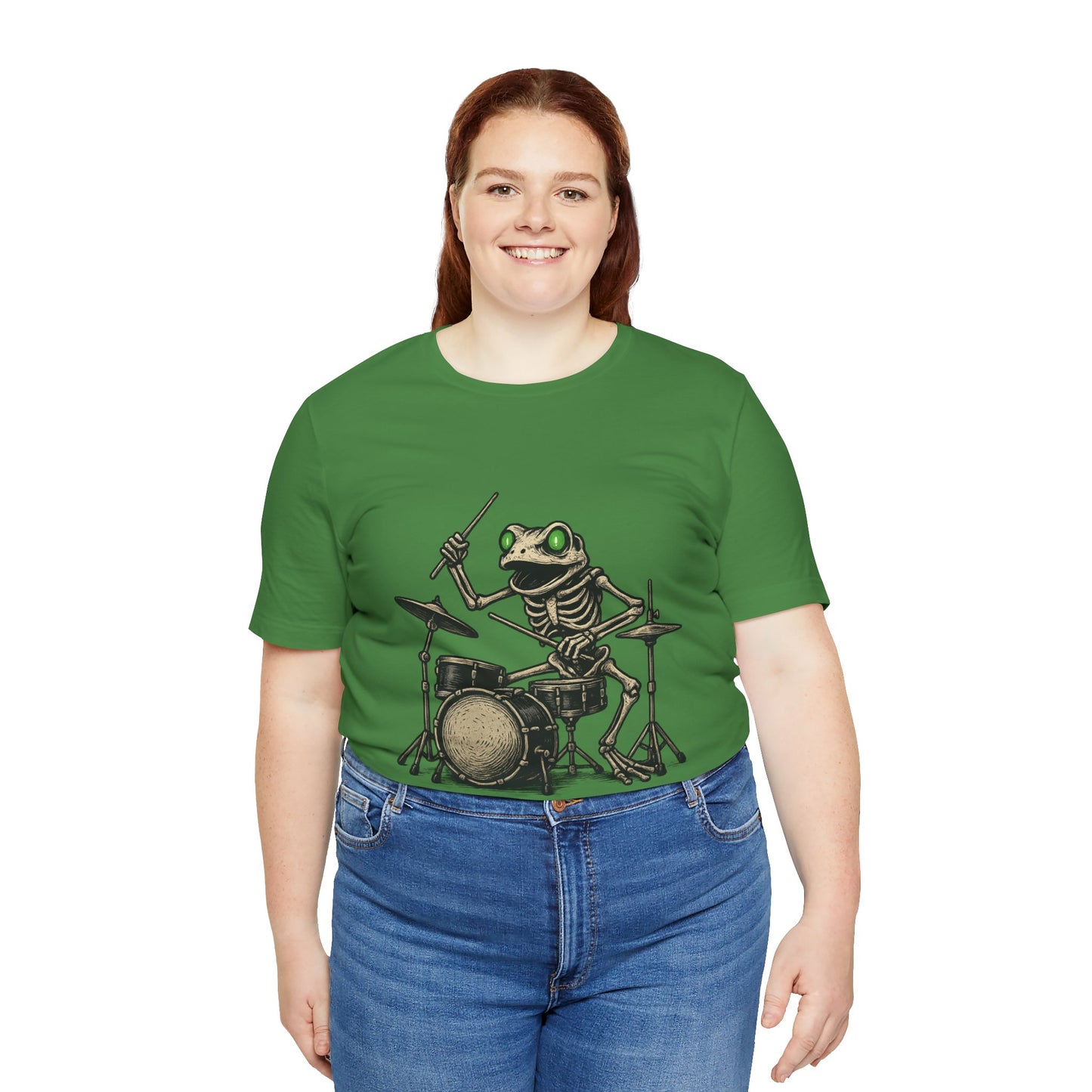 Skeleton Frog Drummer Shirt with Glowing Green Eyes Rock Band Art Tee for Musicians Frog Lovers Halloween and Concert Wear