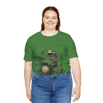 Skeleton Frog Drummer Shirt with Glowing Green Eyes Rock Band Art Tee for Musicians Frog Lovers Halloween and Concert Wear