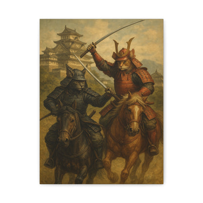 Samurai Cat Duel Canvas Japanese Castle Warrior Cats Wall Art Sengoku Era Painting Japan Inspired Gift for Cat Lovers and Dad