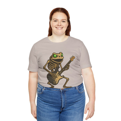 Skeleton Frog Shredding Electric Guitar Tee - Glowing Green Eyes Rock Art Shirt for Musicians Frog Lovers and Gothic Punk Style