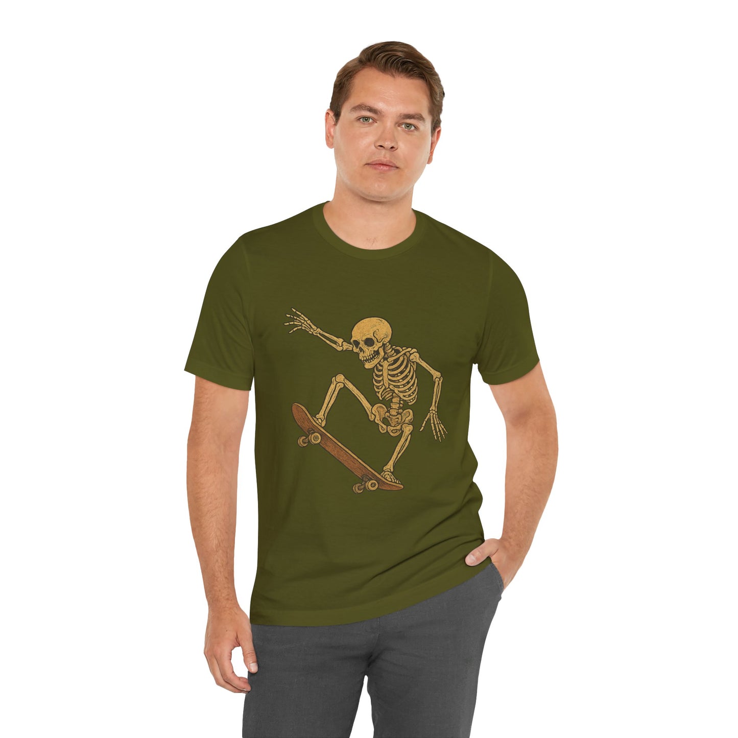Skater Skeleton Graphic Tee for Adults - Vintage-Style Skeleton Skateboarding Shirt - Edgy Streetwear T-Shirt for Skaters and Art Lovers