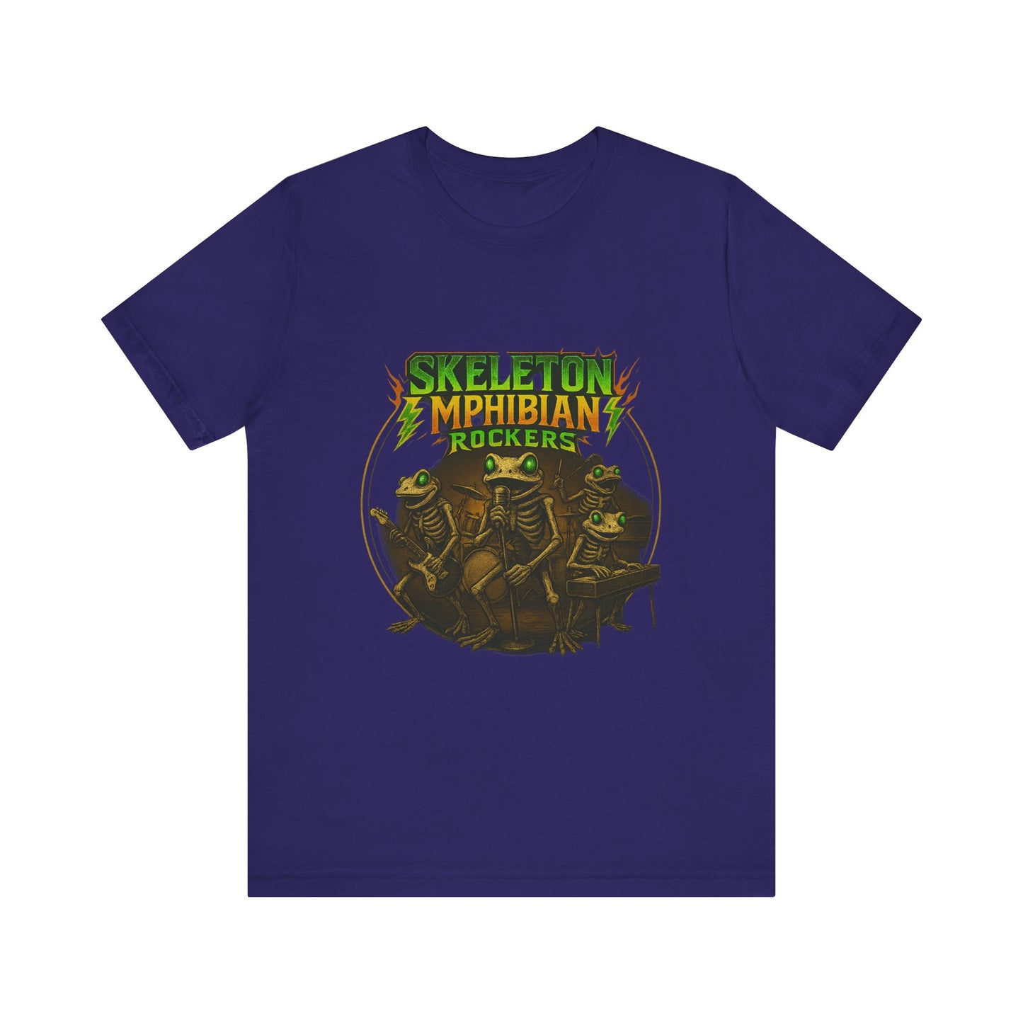 Skeleton Amphibian Rockers Album Cover Tee - Green Eyed Skeleton Frog Band Vocal Guitar Piano Drums Rock Art Shirt