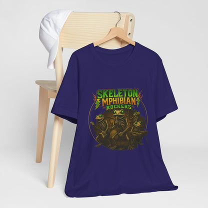 Skeleton Amphibian Rockers Album Cover Tee - Green Eyed Skeleton Frog Band Vocal Guitar Piano Drums Rock Art Shirt