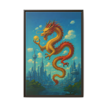 Neo Tokyo Golden Dragon Canvas Japan Inspired Futuristic Skyline Painting Feng Shui Good Luck Decor Dragon Pearl Gift for Dad