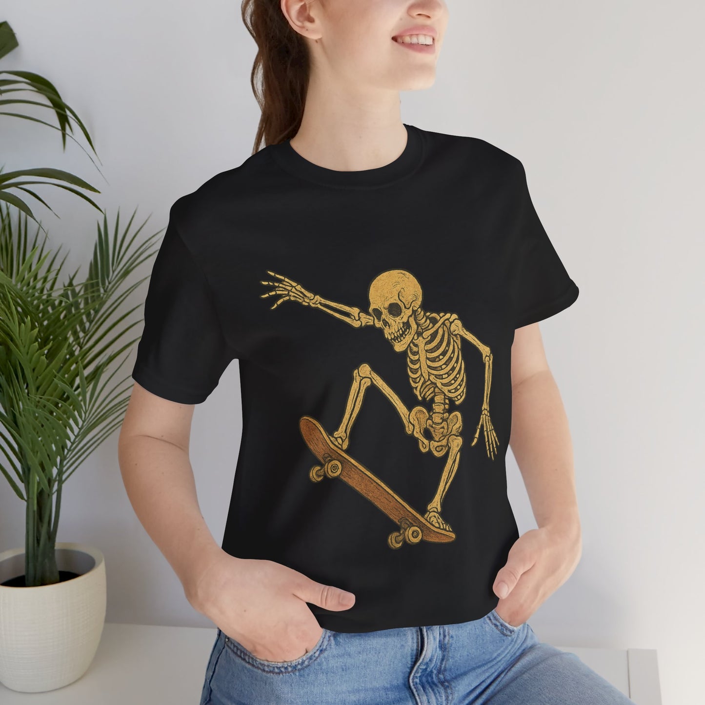 Skater Skeleton Graphic Tee for Adults - Vintage-Style Skeleton Skateboarding Shirt - Edgy Streetwear T-Shirt for Skaters and Art Lovers