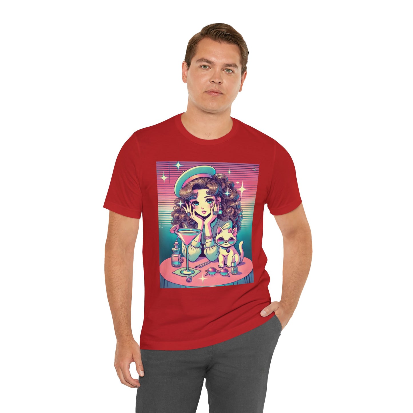 Retro Girl and Cat Graphic Tee Vaporwave Pastel Aesthetic Cocktail Lounge 80s Inspired Shoujo Style T Shirt Gift for Daughter or Dad