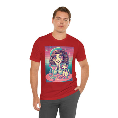 Retro Girl and Cat Graphic Tee Vaporwave Pastel Aesthetic Cocktail Lounge 80s Inspired Shoujo Style T Shirt Gift for Daughter or Dad