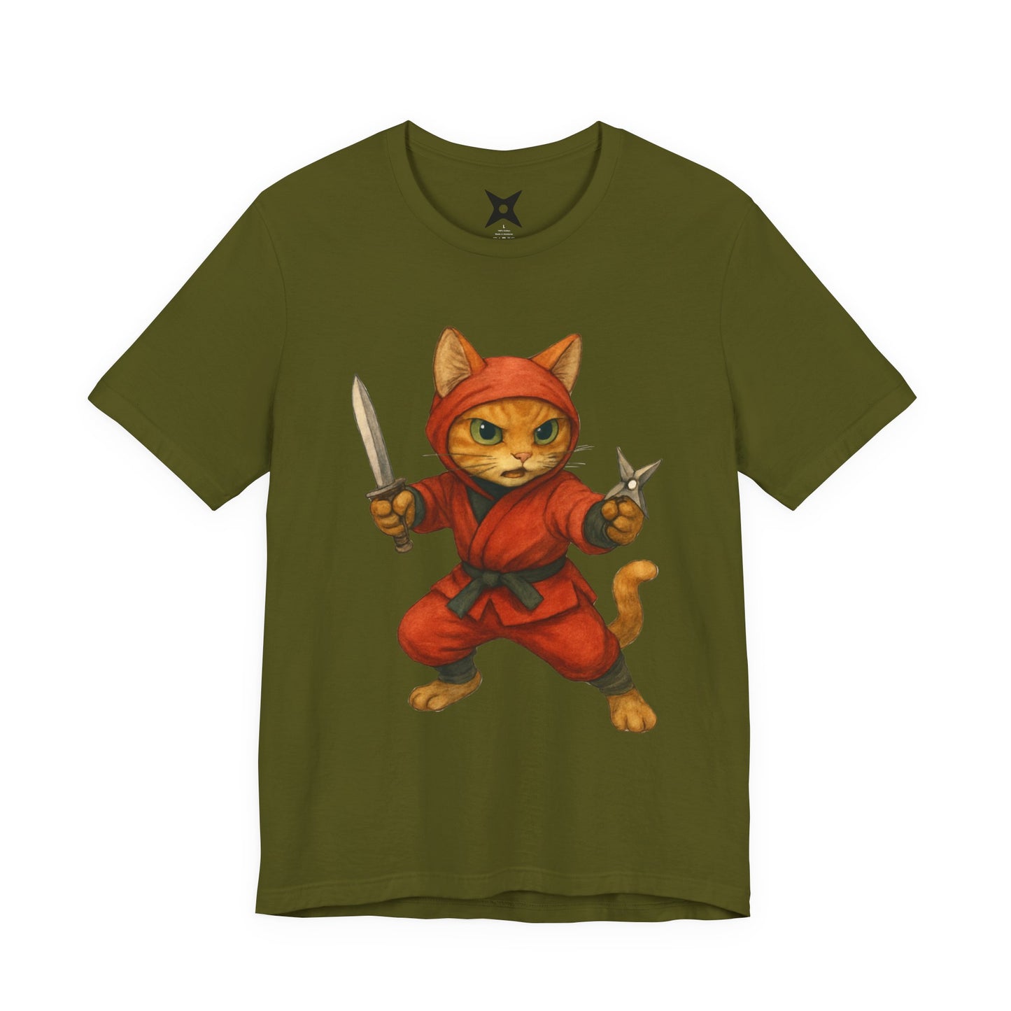 Ninja Cat T-Shirt - Cute Ninja Cat Front Print and Bold Japanese Kanji "NEKONIN" Back Print - Cool Unisex Japanese Streetwear Tee