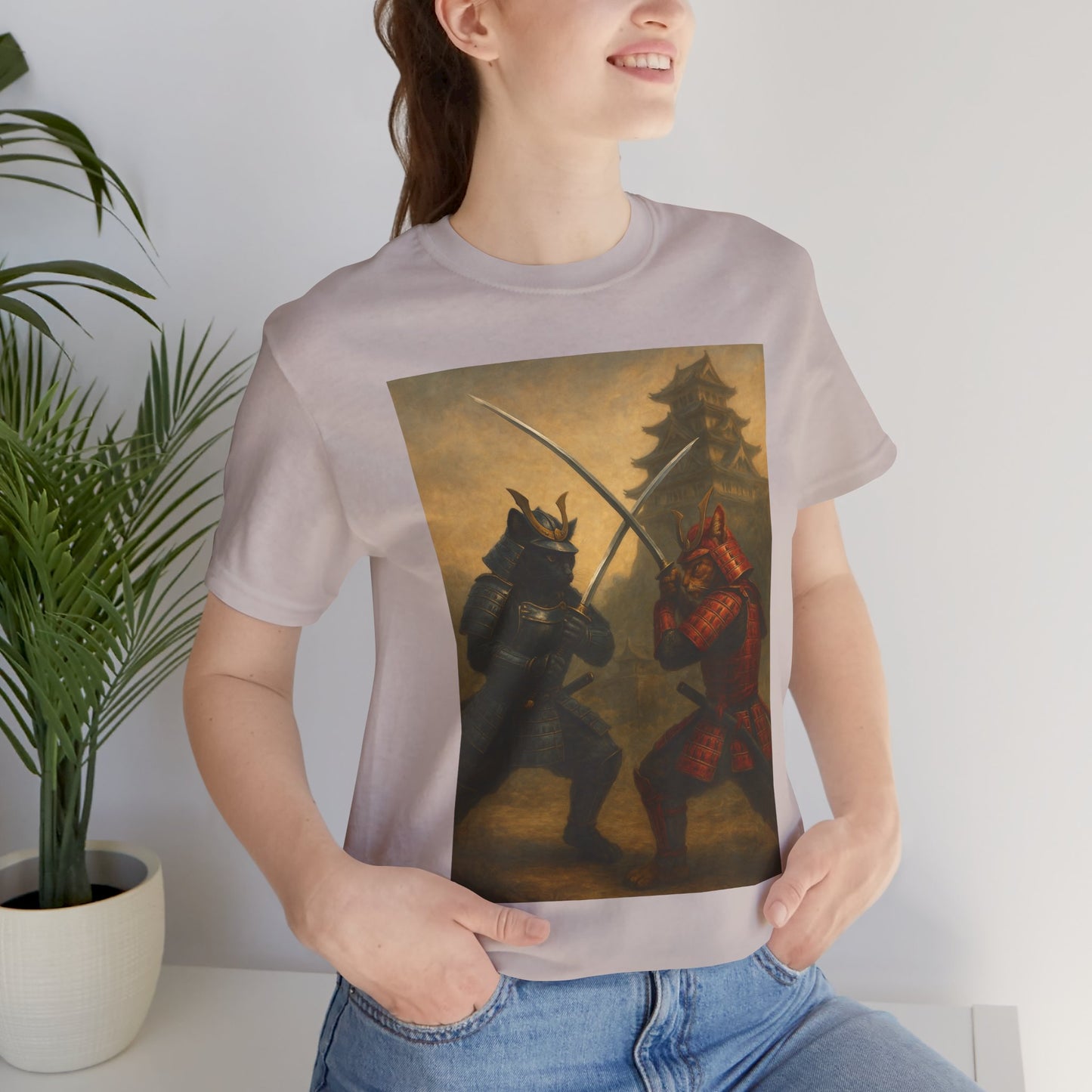 Epic Cat Samurai Battle Tee - War Horses Clash in Front of Japanese Castle  Feline Warrior Art Shirt for Fantasy & Japan Lovers