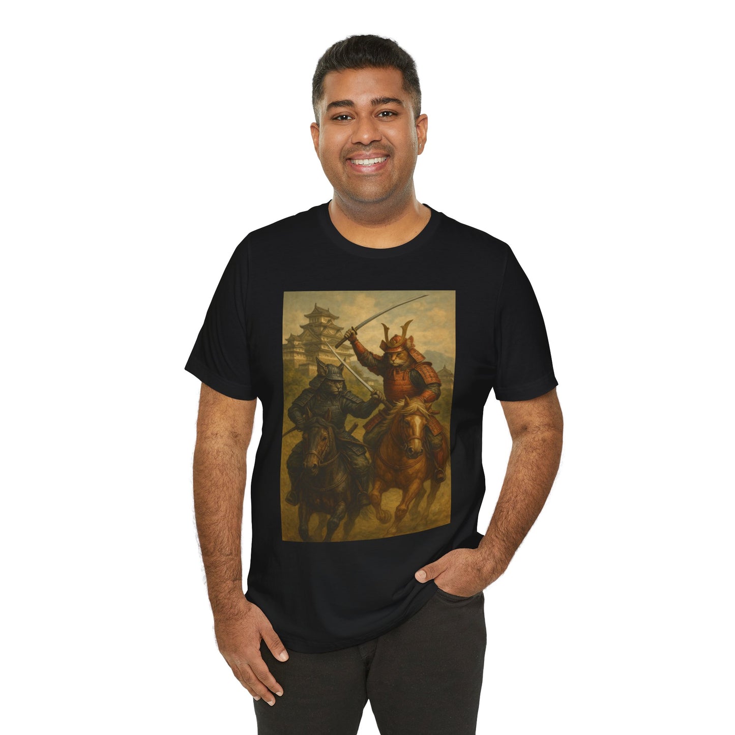 Epic Cat Samurai Battle Tee - War Horses Clash in Front of Japanese Castle  Feline Warrior Art Shirt for Fantasy & Japan Lovers