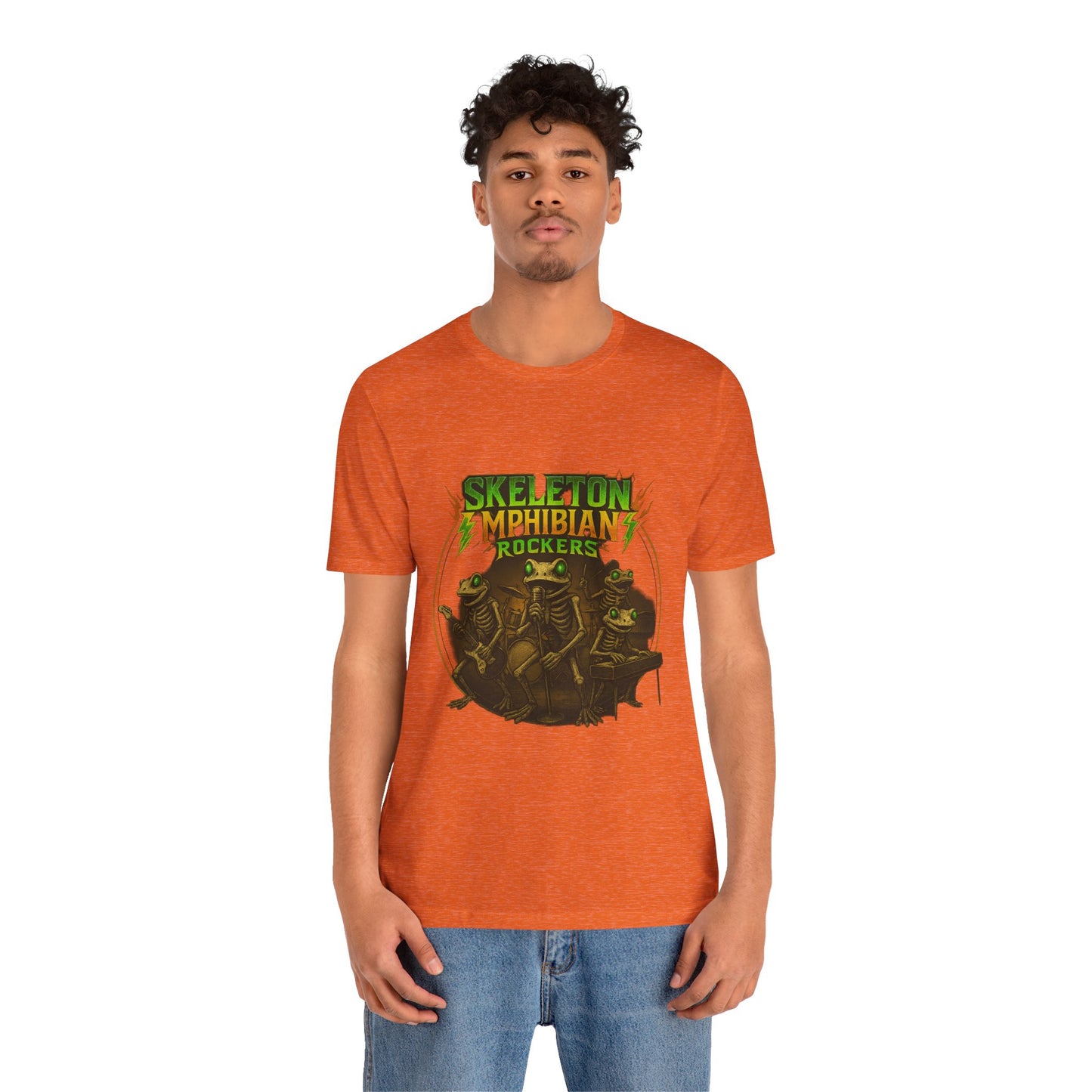 Skeleton Amphibian Rockers Album Cover Tee - Green Eyed Skeleton Frog Band Vocal Guitar Piano Drums Rock Art Shirt