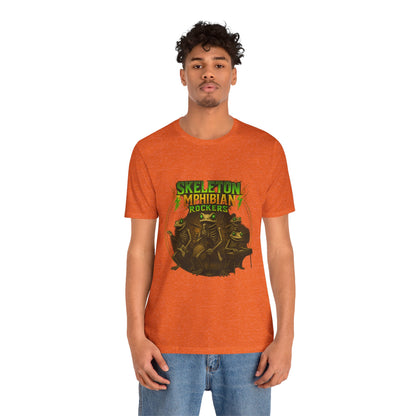 Skeleton Amphibian Rockers Album Cover Tee - Green Eyed Skeleton Frog Band Vocal Guitar Piano Drums Rock Art Shirt