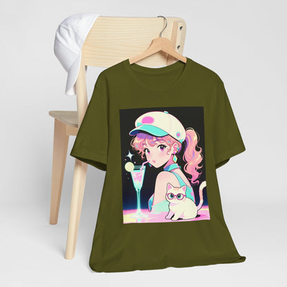 Retro Girl and Cat T Shirt Vaporwave Pastel Anime Shoujo Graphic Tee Neon Cocktail Aesthetic Kawaii Gift for Daughter or Dad Casual Streetwear