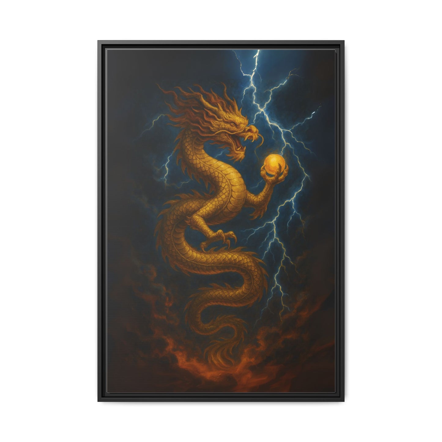 Golden Dragon Canvas Feng Shui Wall Art Lightning Storm Dragon with Pearl Good Luck Decor Gift for Dad Office Living Room