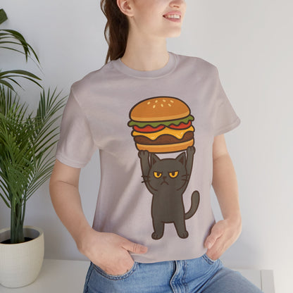 "Hanba-nyaa~" Cute Japanese Cat T-Shirt – Funny Burger & Cat Design – Kawaii Style Unisex Tee – Gift for Food & Cat Lovers