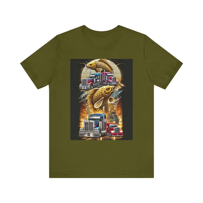 Bold Koi & Truck Fusion T-Shirt | Japanese Golden Carp AND Convoy Art Tee | Vibrant Streetwear for Truckers AND Tattoo Fans