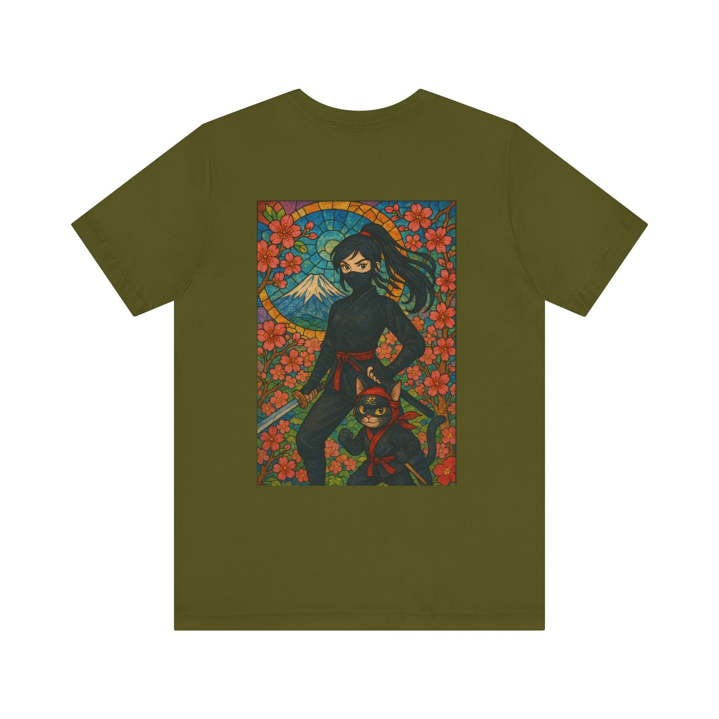 Ninja and Cat T-Shirt - Female Ninja in Black Outfit with Shuriken-Japanese Samurai Style, Mount Fuji, Cherry Blossoms-Cool Unisex Anime Tee