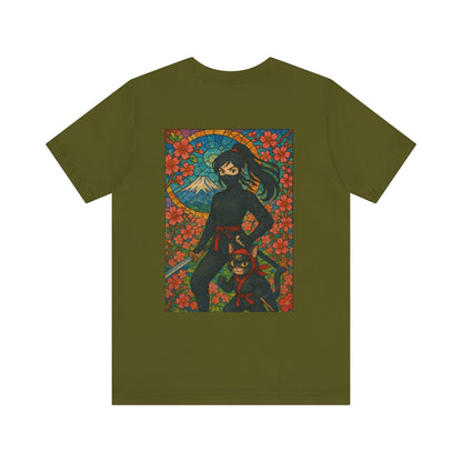 Ninja and Cat T-Shirt - Female Ninja in Black Outfit with Shuriken-Japanese Samurai Style, Mount Fuji, Cherry Blossoms-Cool Unisex Anime Tee