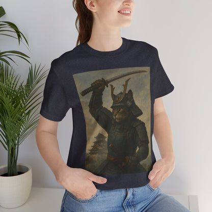 Cat Samurai Strike Tee | Epic Armored Feline Raising Katana | Japanese Warrior Art Unisex Shirt