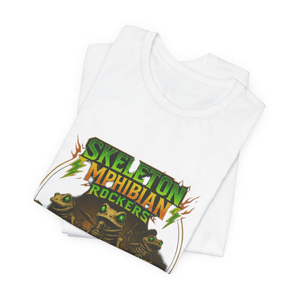 Skeleton Amphibian Rockers Album Cover Tee - Green Eyed Skeleton Frog Band Vocal Guitar Piano Drums Rock Art Shirt