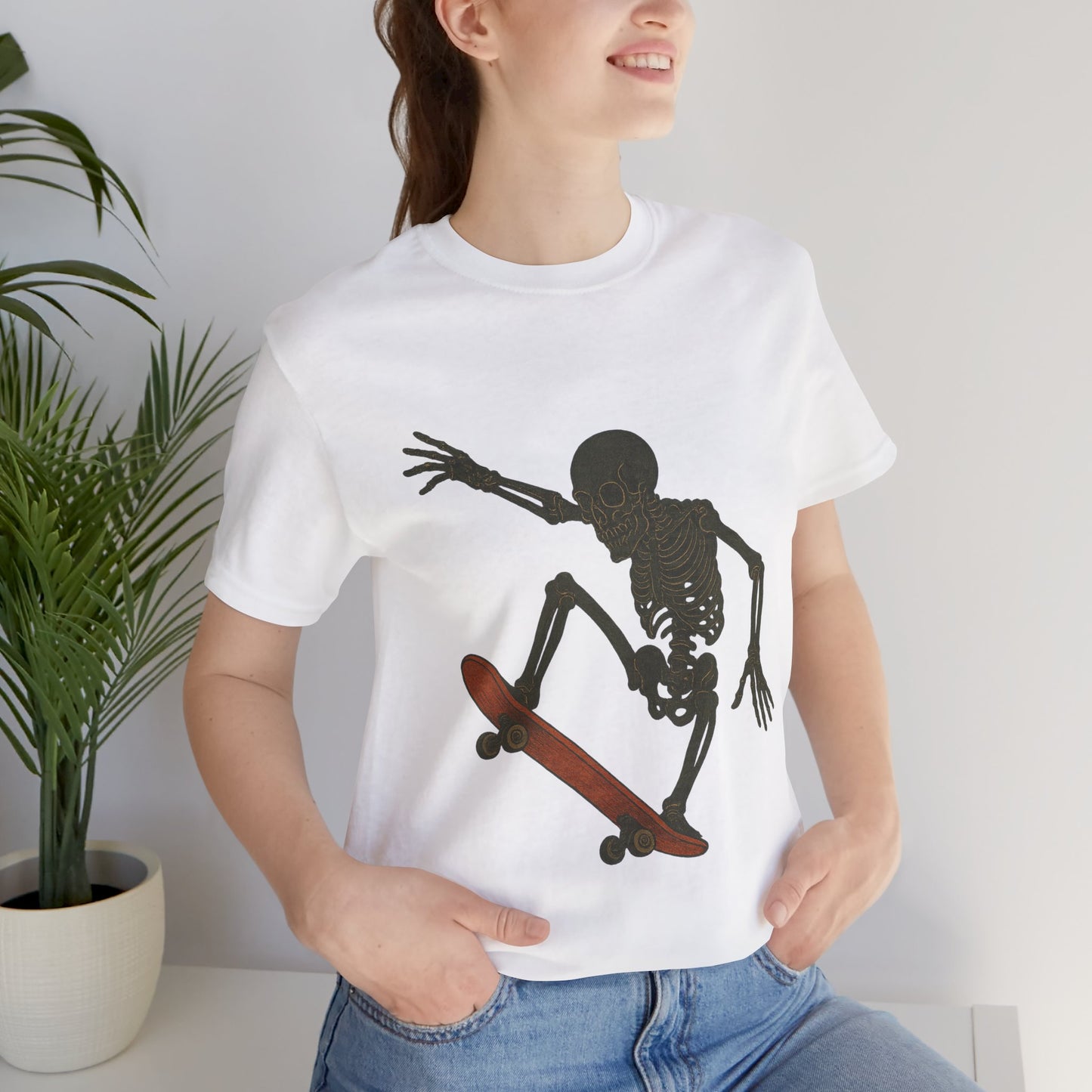 Skater Skeleton Graphic Tee for Adults - Vintage-Style Skeleton Skateboarding Shirt - Edgy Streetwear T-Shirt for Skaters and Art Lovers