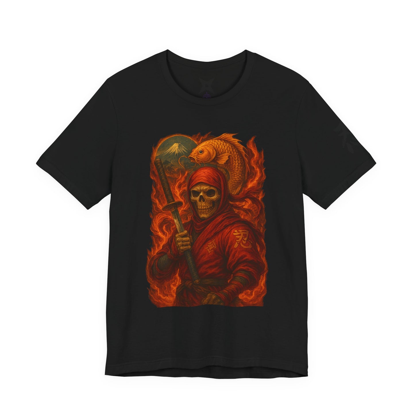 Dark Red Ninja Skull T-Shirt -Japanese Horror Art, Skeleton Ninja with Golden Koi, High-Detail Gothic Warrior Tee, Unisex Streetwear