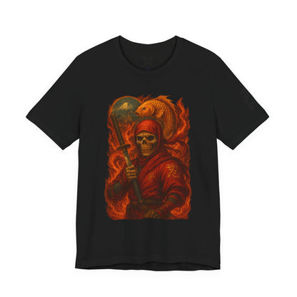 Dark Red Ninja Skull T-Shirt -Japanese Horror Art, Skeleton Ninja with Golden Koi, High-Detail Gothic Warrior Tee, Unisex Streetwear