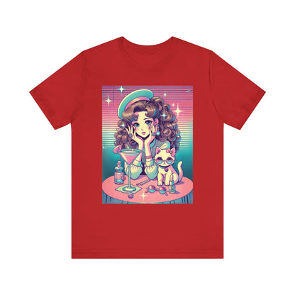 Retro Girl and Cat Graphic Tee Vaporwave Pastel Aesthetic Cocktail Lounge 80s Inspired Shoujo Style T Shirt Gift for Daughter or Dad