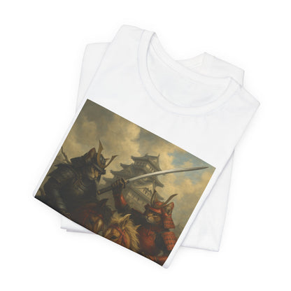 Epic Cat Samurai Battle Tee - War Horses Clash in Front of Japanese Castle  Feline Warrior Art Shirt for Fantasy & Japan Lovers
