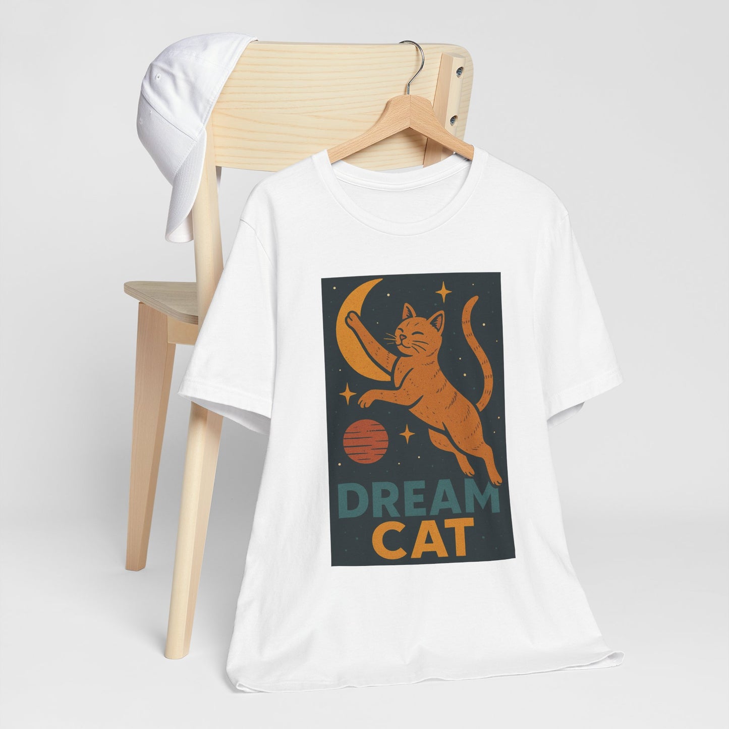 Dream Cat Shirt Retro Space Kitty Tee Moon and Stars Poster Style Japan Inspired Vintage Graphic Gift for Cat Lovers and Dad