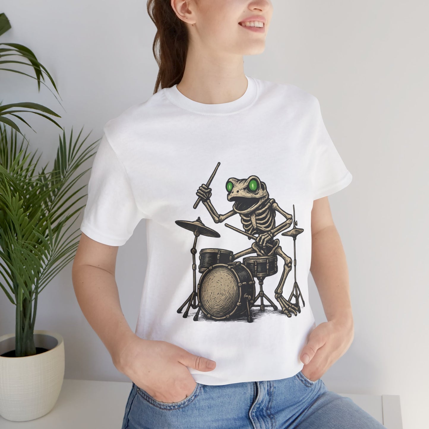 Skeleton Frog Drummer Shirt with Glowing Green Eyes Rock Band Art Tee for Musicians Frog Lovers Halloween and Concert Wear