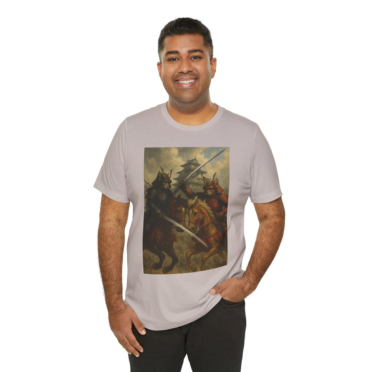 Epic Cat Samurai Battle Tee - War Horses Clash in Front of Japanese Castle  Feline Warrior Art Shirt for Fantasy & Japan Lovers