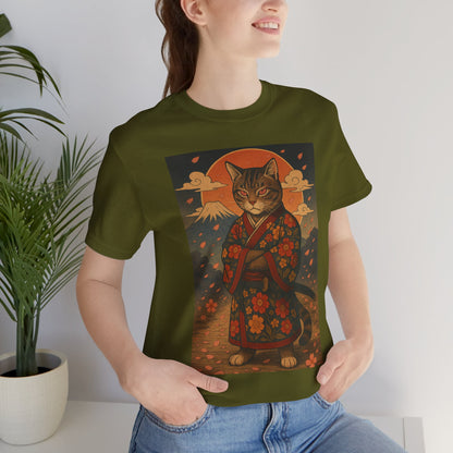 Samurai Cat T-Shirt - Floral Kimono Warrior with Katana | Japanese Ukiyo-e Style, Cherry Blossoms & Mount Fuji | Bold Cat Art Tee