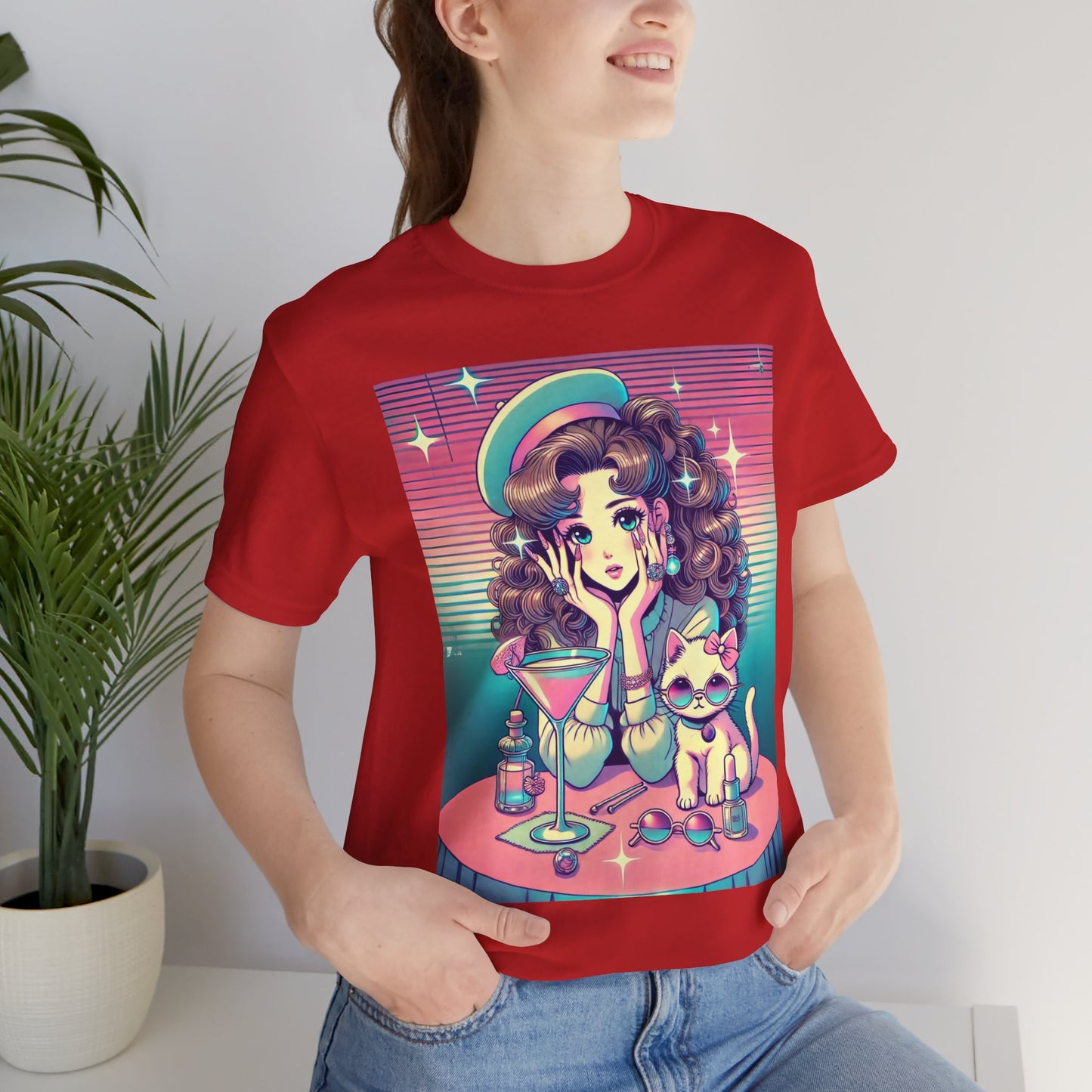 Retro Girl and Cat Graphic Tee Vaporwave Pastel Aesthetic Cocktail Lounge 80s Inspired Shoujo Style T Shirt Gift for Daughter or Dad
