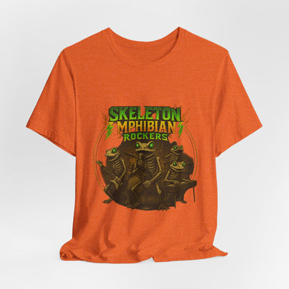 Skeleton Amphibian Rockers Album Cover Tee - Green Eyed Skeleton Frog Band Vocal Guitar Piano Drums Rock Art Shirt