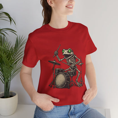 Skeleton Frog Drummer Shirt with Glowing Green Eyes Rock Band Art Tee for Musicians Frog Lovers Halloween and Concert Wear