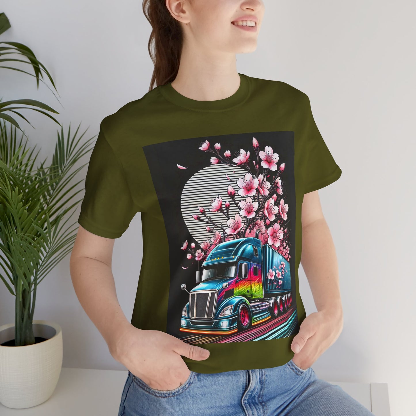 Cherry Blossom Convoy T-Shirt | Japanese Sakura x Modern Truck Art | Unique Graphic Tee for Drivers & Streetwear Lovers No.003