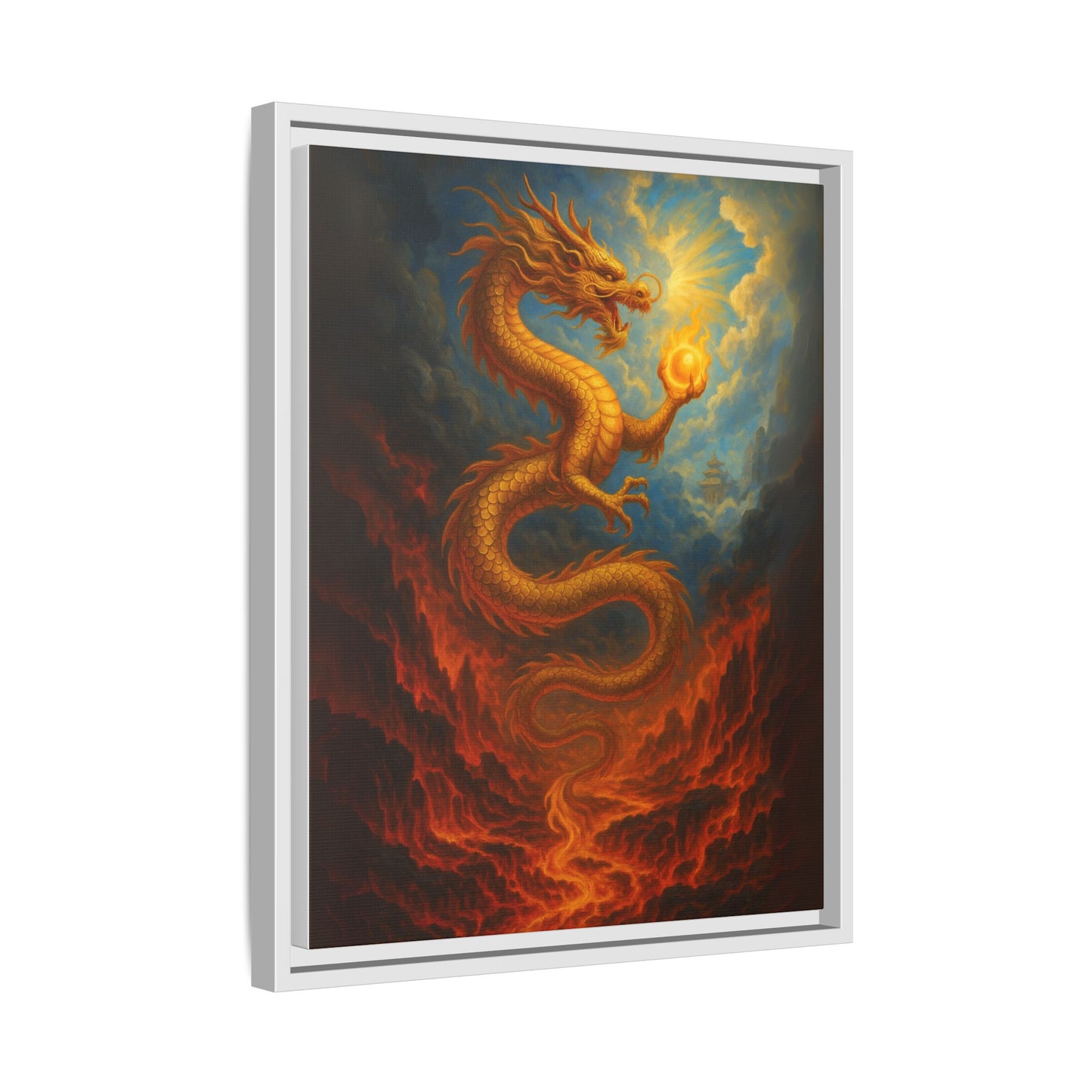 Golden Dragon Canvas Feng Shui Wall Art Asian Myth Painting Fire and Cloud Temple Inspired Good Luck Decor Gift for Dad