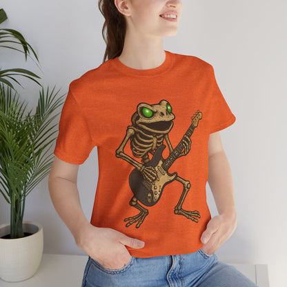 Skeleton Frog Shredding Electric Guitar Tee - Glowing Green Eyes Rock Art Shirt for Musicians Frog Lovers and Gothic Punk Style